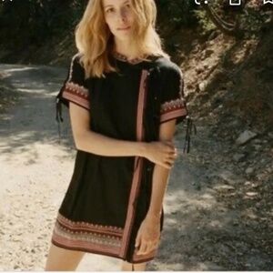 Black Embroidered Short Sleeve Dress with Pink Trim
